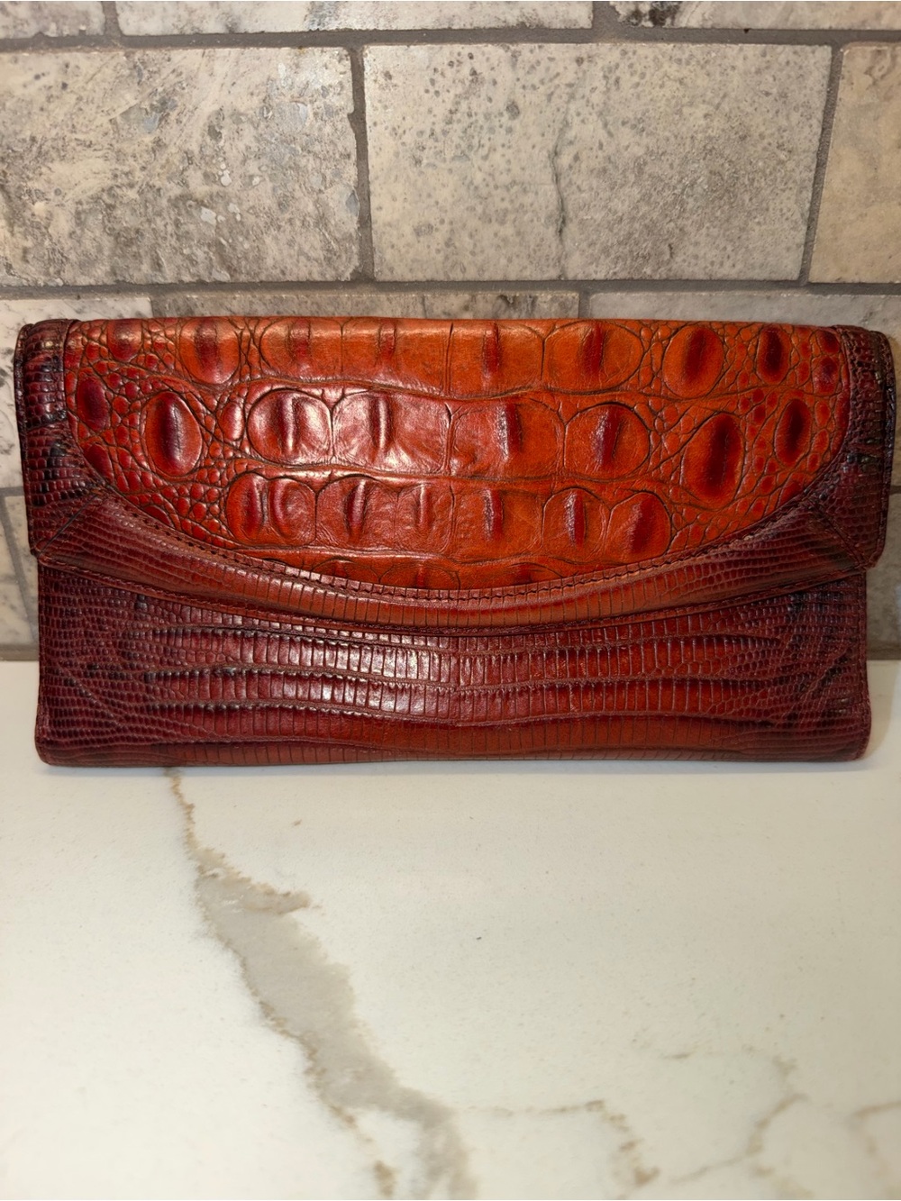 Brahmin Vintage Melbourne Croc-Embossed Leather Envelope Wallet in Pecan